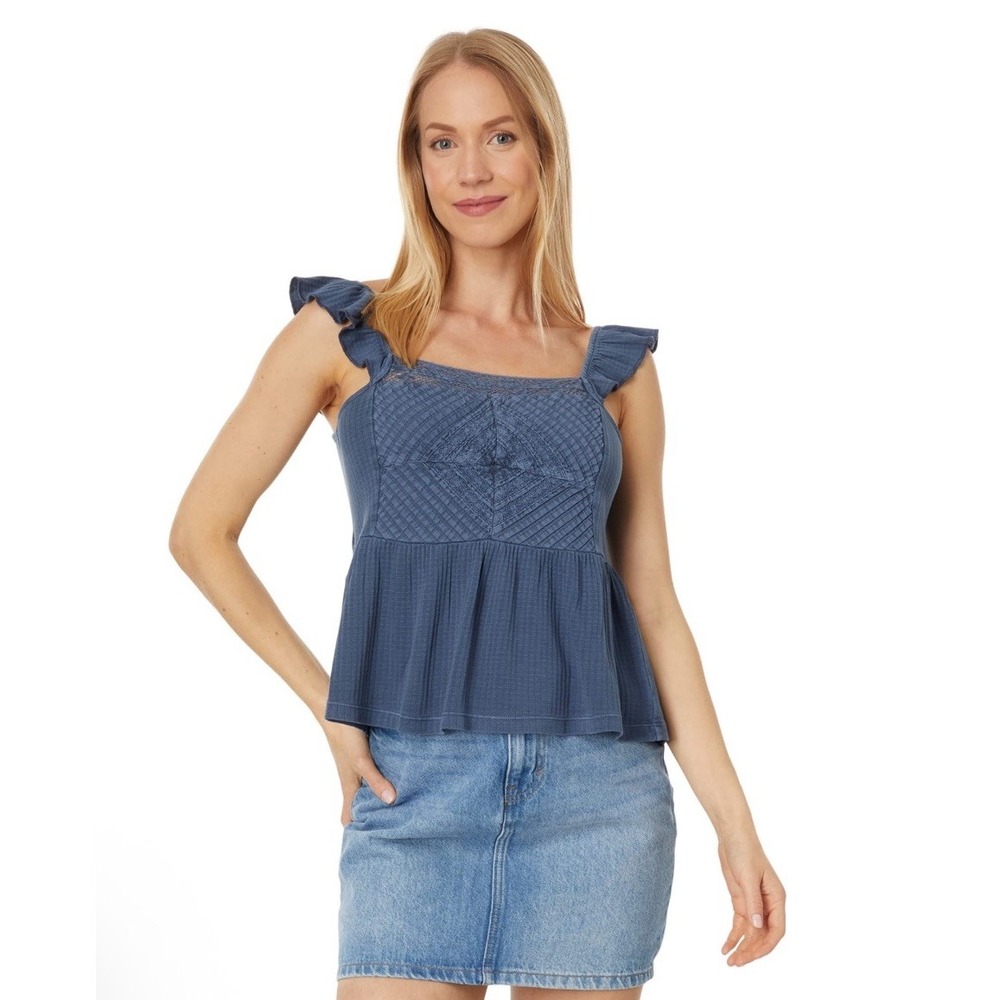 Lucky Brand Tank Top Womens Size L‎ Dark Denim Blue Textured Yoke Peplum Whisper
